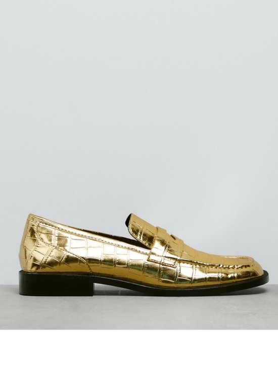 Zara Metallic Gold Croc-Embossed Loafers